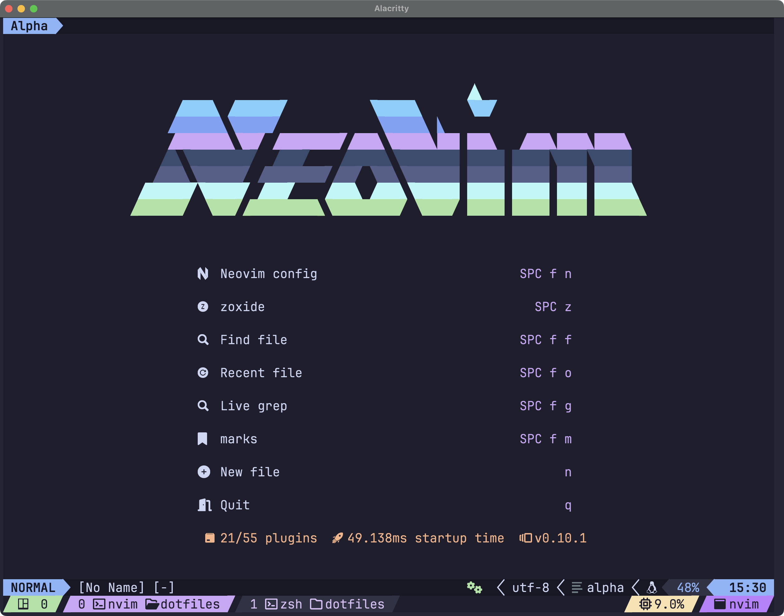 Alacritty + tmux + starship + Neovim / Alpha.nvimの起動画面